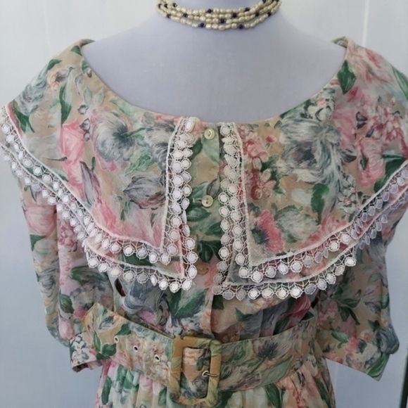 Vintage Kwai Lace Trimmed Exaggerated Collar Floral‎ Full Skirted Dress 60s - Picture 14 of 15